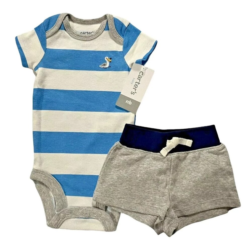 Carter's Newborn Baby Boys 2pc Bodysuit & Shorts Outfit Set Blue-Gray-White